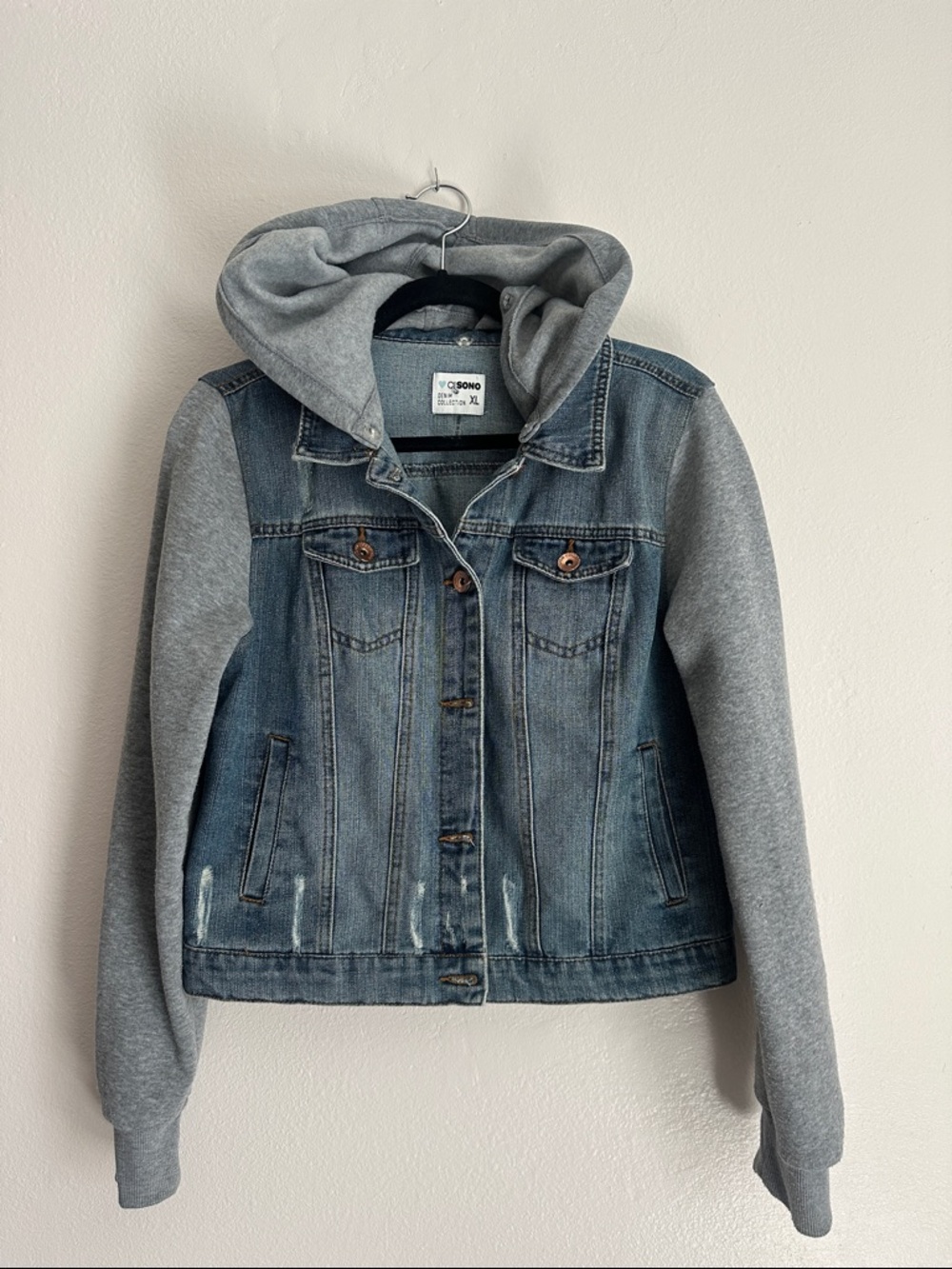 Ci Sono Two-Tone Denim Jacket with Grey Hoodie Sleeves